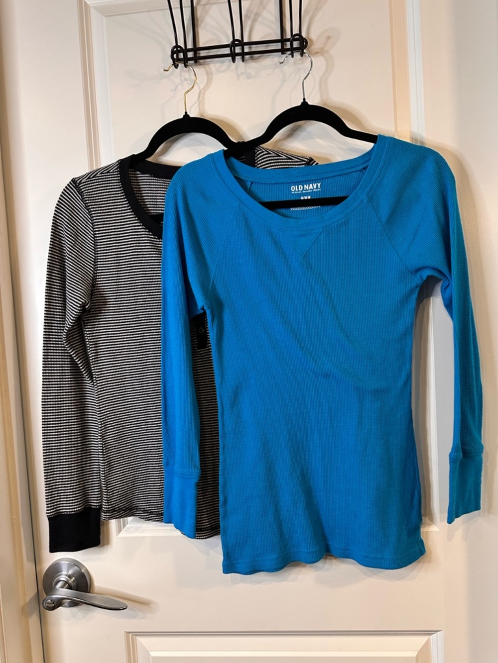 Set of 2 Old Navy Waffle Knit Thermal Tops - Striped Henley & Solid Blue - M